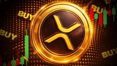 A large gold XRP coin surrounded by a rising green candlestick chart.