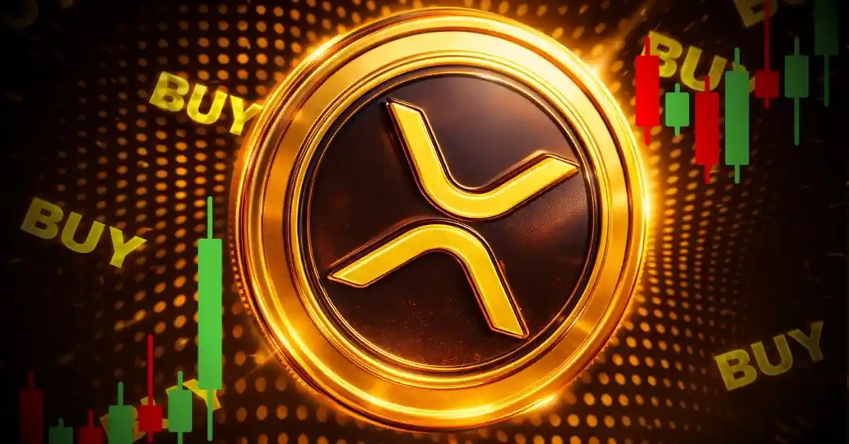A large gold XRP coin surrounded by a rising green candlestick chart.