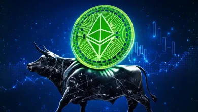 Glowing green Ethereum coin on the back of a metallic bull.