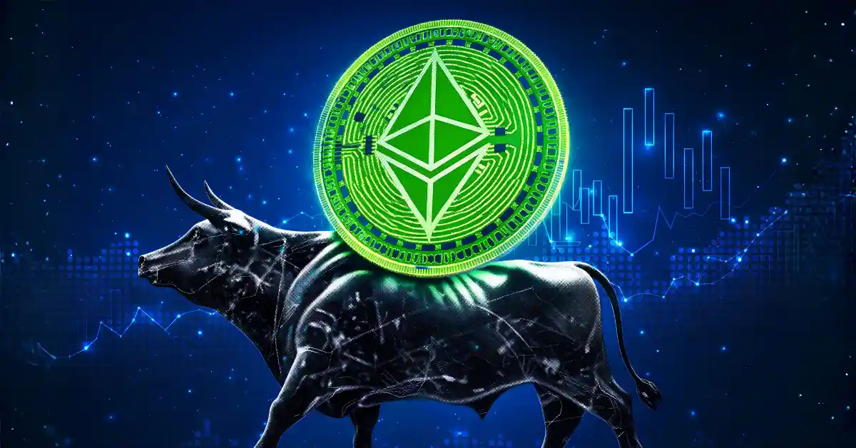 Glowing green Ethereum coin on the back of a metallic bull.