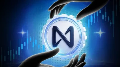 Shaded hands holding a glowing white and blue NEAR Protocol gear coin against a rising chart.