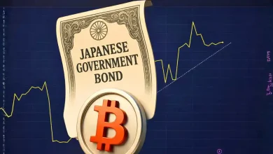 apanese Government Bond certificate over a Bitcoin coin and market chart.