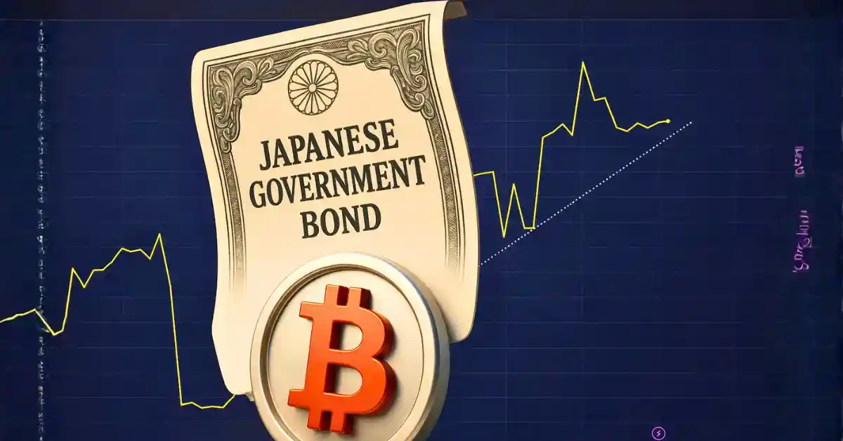 apanese Government Bond certificate over a Bitcoin coin and market chart.