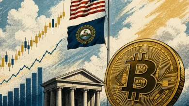 A large gold Bitcoin coin next to a state building with the New Hampshire and US flags.