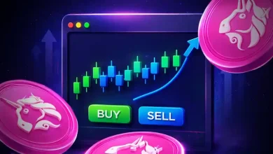 Pink Uniswap UNI coins surrounding a trading dashboard with a rising chart arrow.