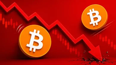 Two orange Bitcoin coins sliding down a jagged red arrow crashing into the ground.