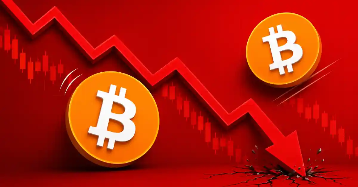 Two orange Bitcoin coins sliding down a jagged red arrow crashing into the ground.
