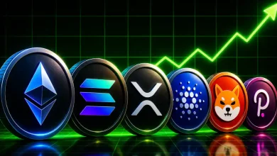 A row of major altcoins including Ethereum, Solana, and XRP below a rising green chart line.