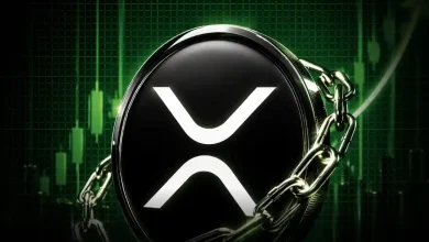 A prominent XRP token icon wrapped in metallic chains against a green chart background.