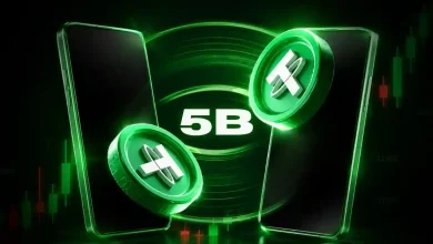 Green Tether tokens flying between two smartphones next to text reading "5B".