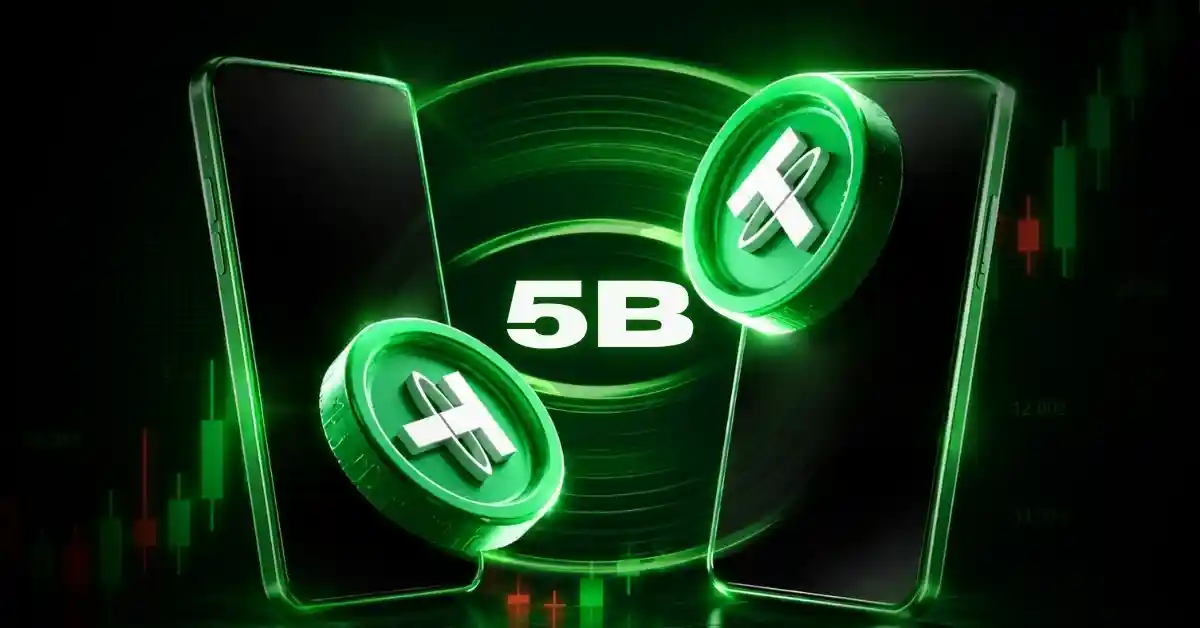 Green Tether tokens flying between two smartphones next to text reading "5B".