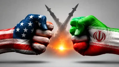 Fists painted with US and Iran flags clashing in front of launching missiles.