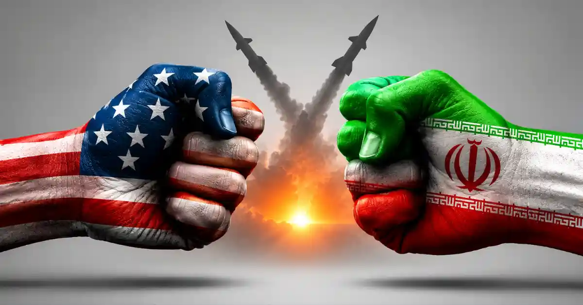 Fists painted with US and Iran flags clashing in front of launching missiles.