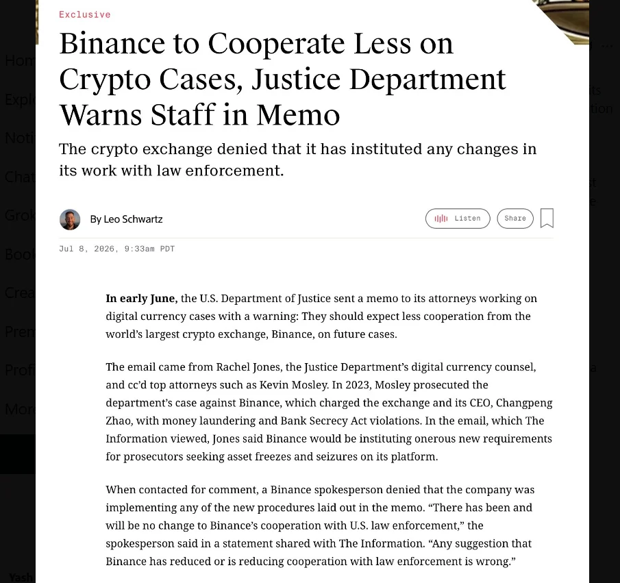 Binance DOJ Report Sparks Questions Over Crypto Investigations