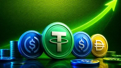 Major stablecoins like Tether and USDC lined up under a rising green growth arrow.