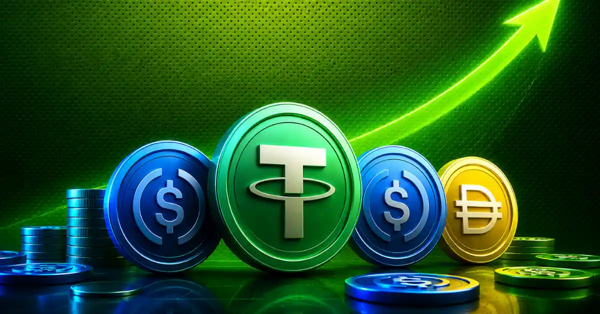 Major stablecoins like Tether and USDC lined up under a rising green growth arrow.