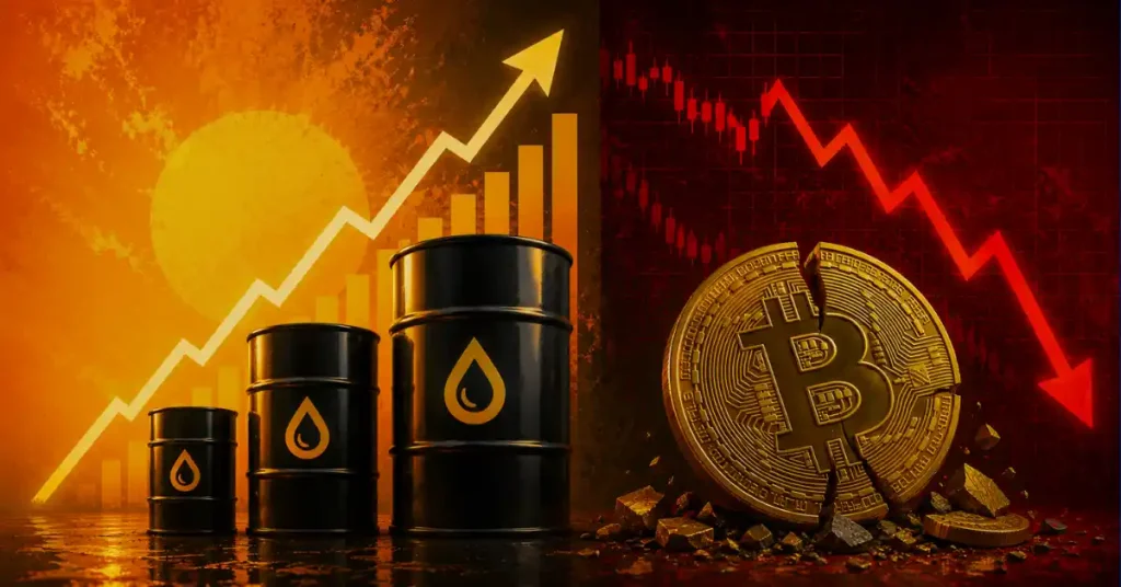 Oil barrels next to a rising chart line juxtaposed with a cracked Bitcoin coin under a falling red arrow.