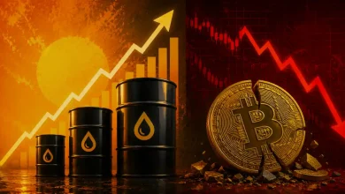 Oil barrels next to a rising chart line juxtaposed with a cracked Bitcoin coin under a falling red arrow.