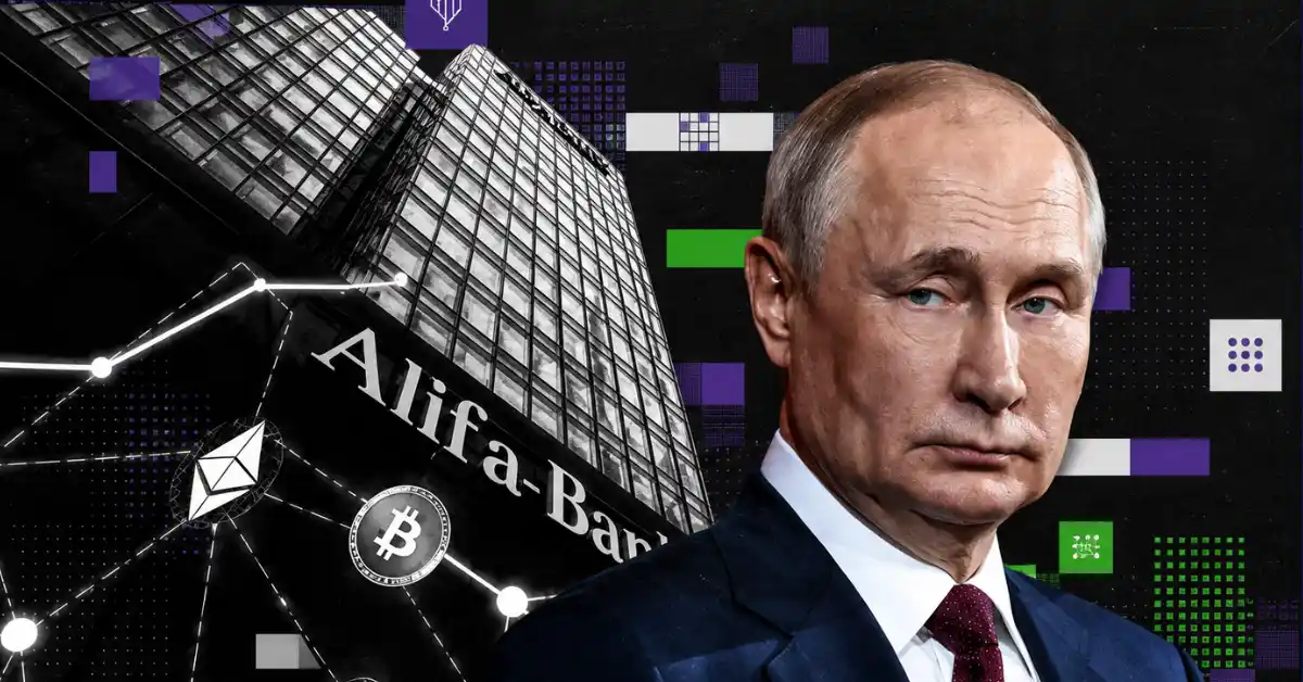 Vladimir Putin pictured next to an Alfa-Bank building showing Bitcoin and Ethereum logos.