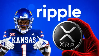 A Kansas Jayhawks football player in a blue uniform next to a large silver XRP coin.