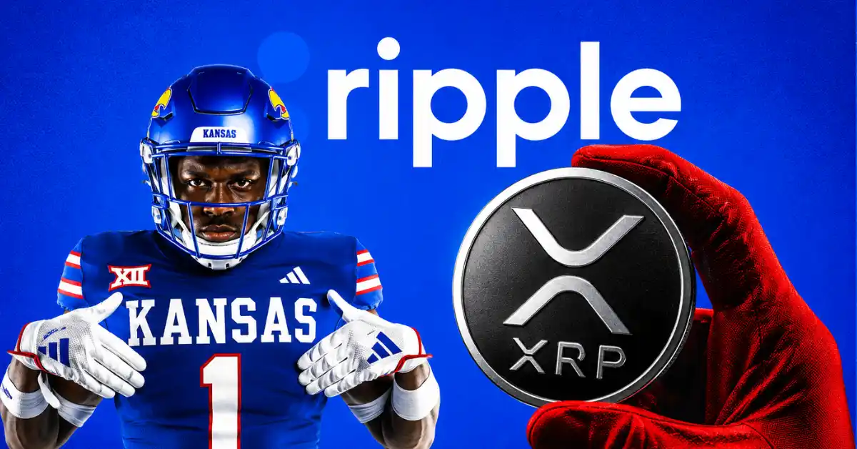 A Kansas Jayhawks football player in a blue uniform next to a large silver XRP coin.