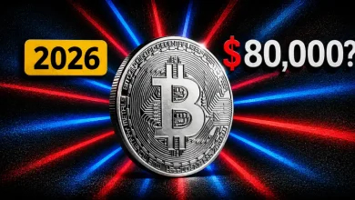 A silver Bitcoin coin flanked by the text "2026" and "$80,000?" on a red and blue neon light background.
