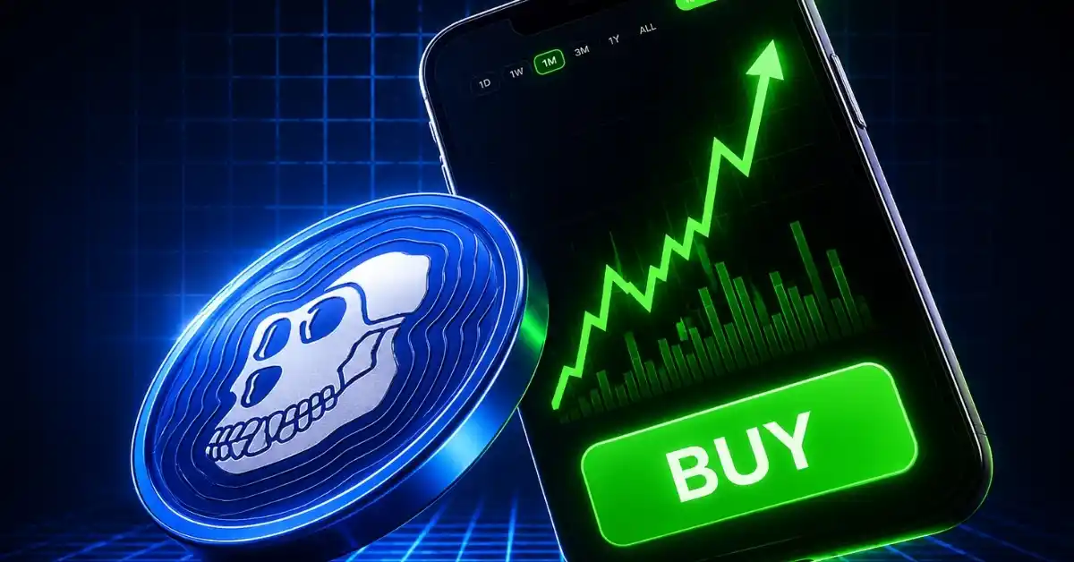A blue ApeCoin coin sitting next to a smartphone displaying a steep green upward chart.