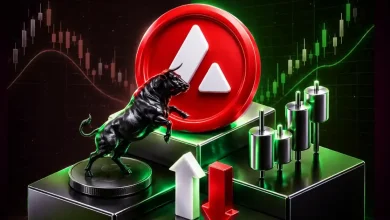 A black trading bull facing a red Avalanche token coin next to green candlestick charts.
