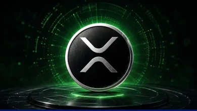 A dark metallic XRP token positioned over a glowing green digital circle.