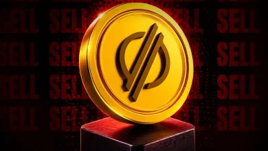 A gold Stellar XLM coin sitting on a pedestal against a dark red "SELL" text pattern.