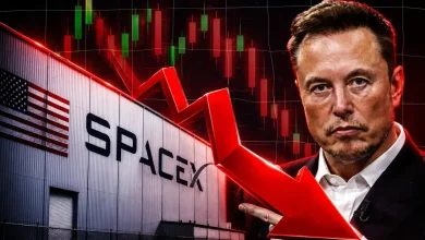 Elon Musk next to a SpaceX facility under a falling red stock market arrow.