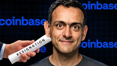 Paul Grewal pictured next to a hand holding a resignation paper and the Coinbase logo.