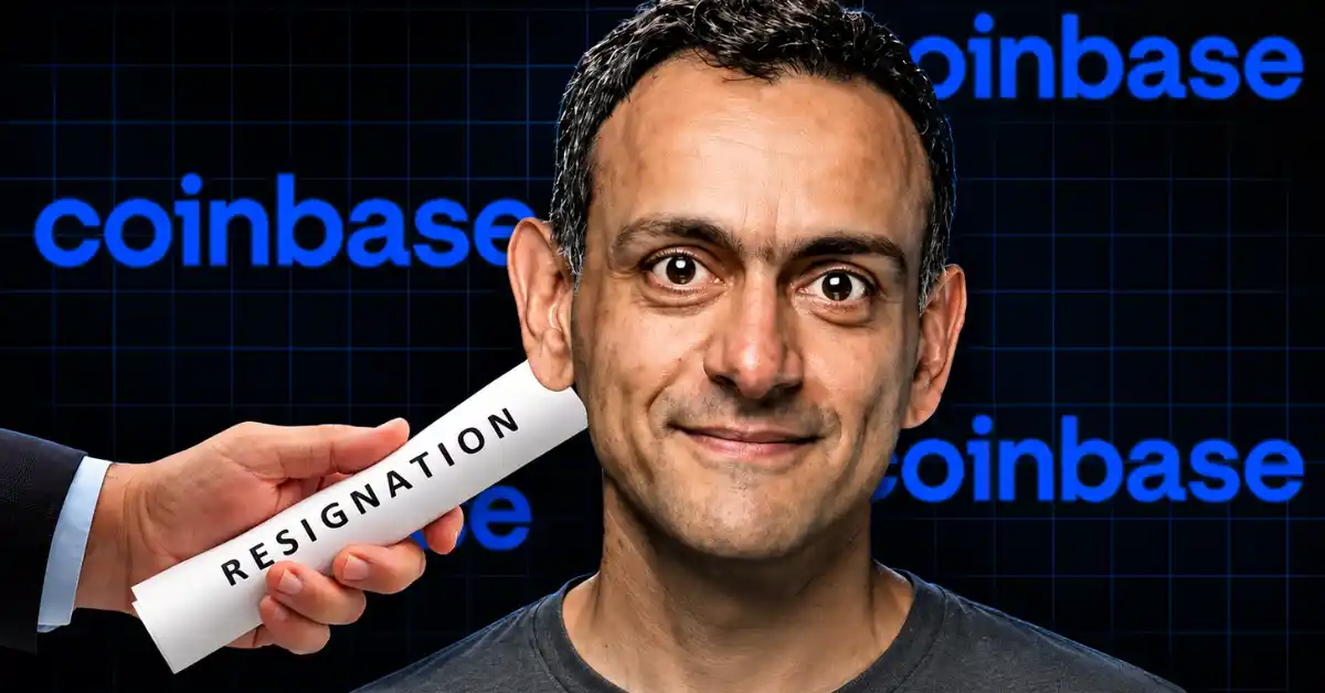 Paul Grewal pictured next to a hand holding a resignation paper and the Coinbase logo.