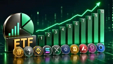 Top crypto tokens aligned under a rising green chart next to an ETF logo.