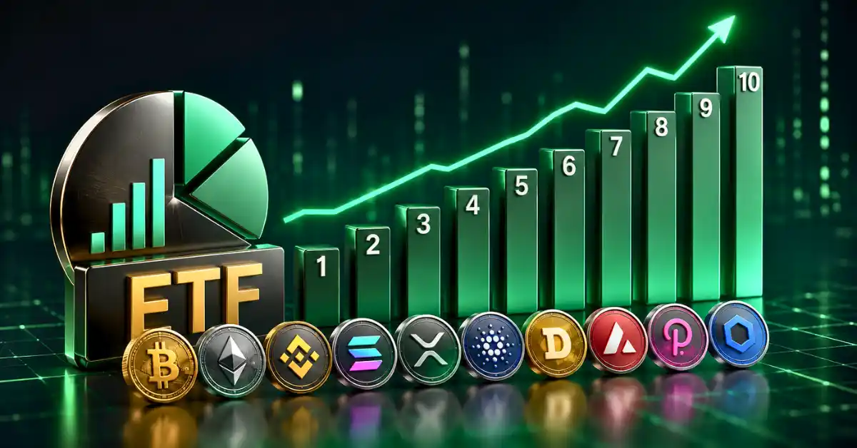 Top crypto tokens aligned under a rising green chart next to an ETF logo.