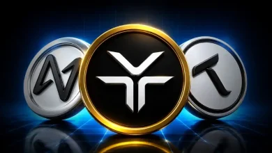 Three digital tokens featuring AI cryptocurrency logos on a blue grid backdrop.
