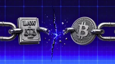 A law book breaking apart a chain connected to a Bitcoin coin.