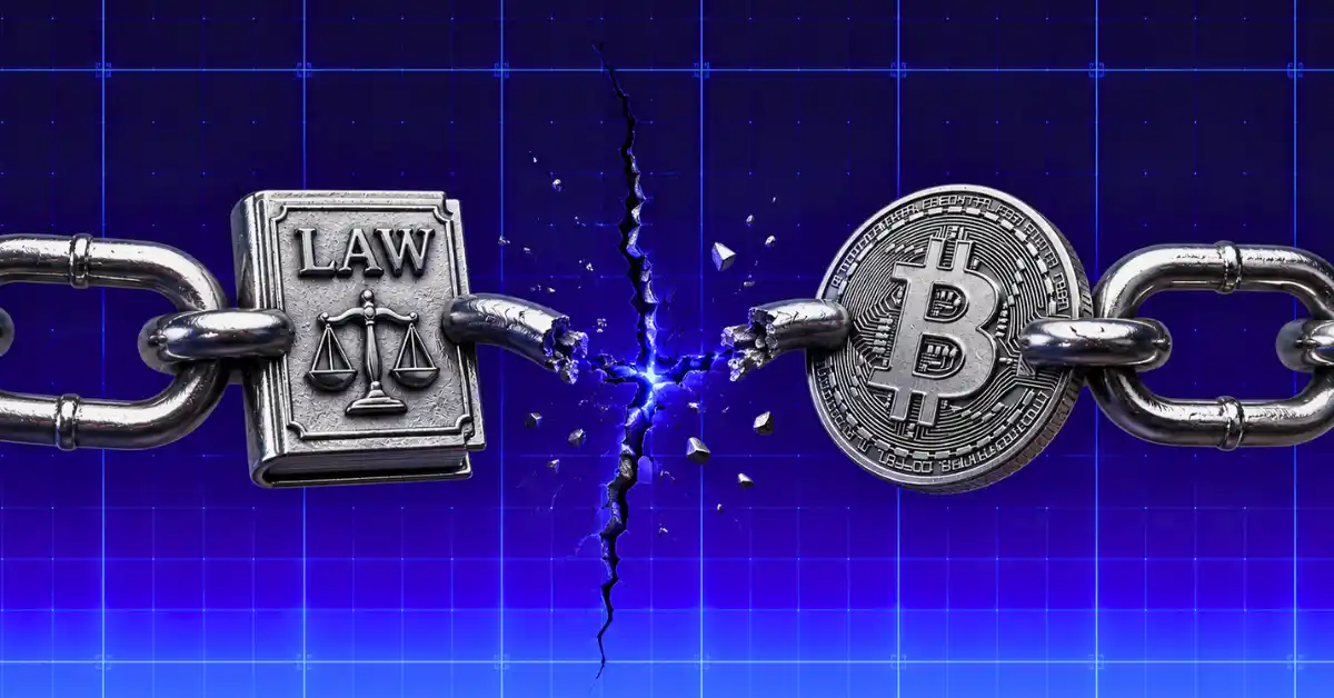 A law book breaking apart a chain connected to a Bitcoin coin.