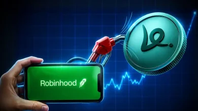 A phone displaying the Robinhood logo fueling a Virtuals Protocol coin.
