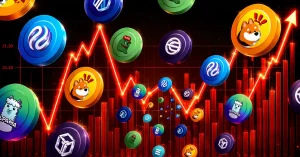 Multiple altcoins and meme coins floating over a volatile red stock chart with an upward arrow.