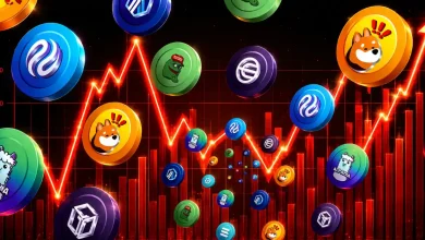 Multiple altcoins and meme coins floating over a volatile red stock chart with an upward arrow.