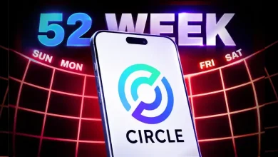 A mobile phone showing the Circle logo against a neon calendar background.