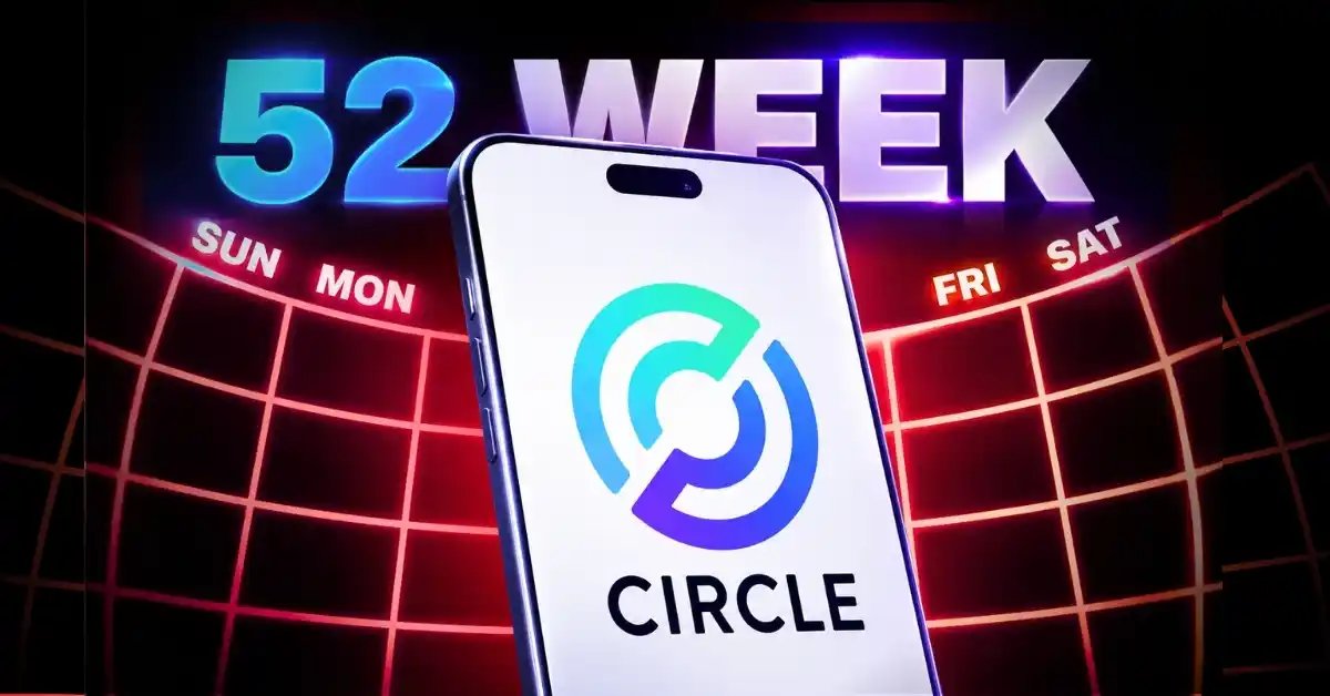 A mobile phone showing the Circle logo against a neon calendar background.