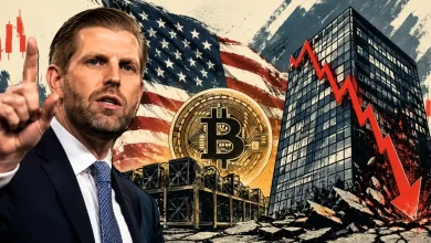 Eric Trump with a US flag, a Bitcoin coin, and a crashing red stock chart.