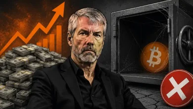 Michael Saylor next to stacks of cash and an empty vault containing a single Bitcoin.