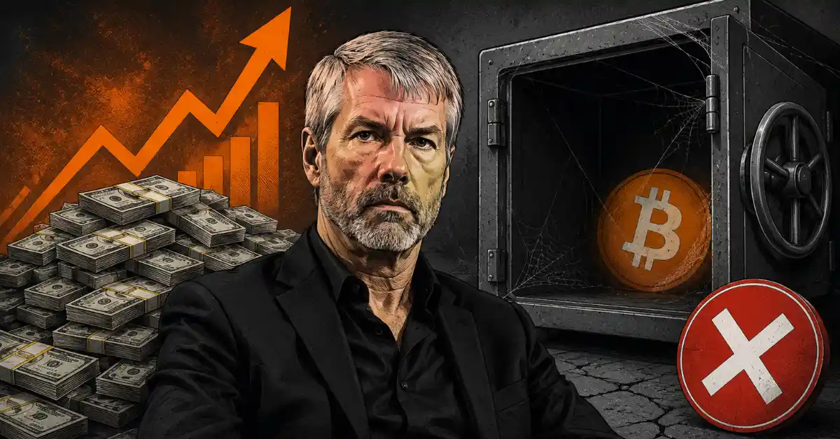 Michael Saylor next to stacks of cash and an empty vault containing a single Bitcoin.