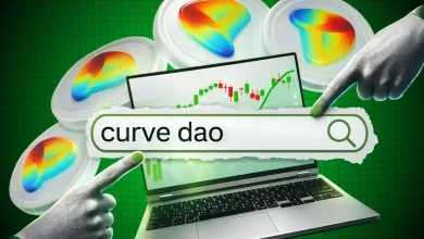 Hands pointing to "curve dao" on a laptop screen displaying stock charts.