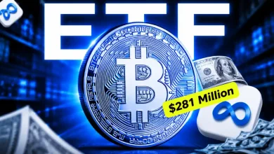 Large silver Bitcoin coin next to a "$281 Million" sign under bold "ETF" text.