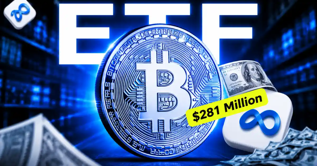Large silver Bitcoin coin next to a "$281 Million" sign under bold "ETF" text.
