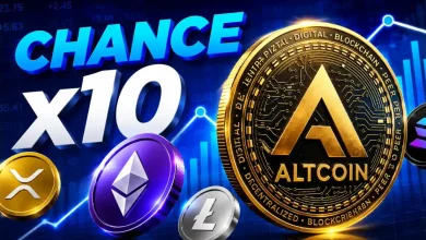 Gold altcoin coin with 10x text and top cryptocurrency logos.
